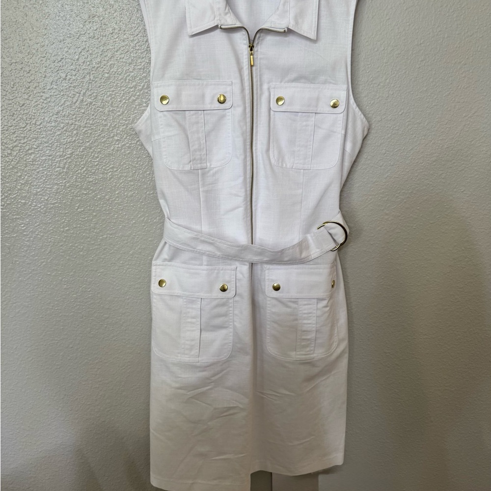 Sharagano White Mini Dress with Gold Details